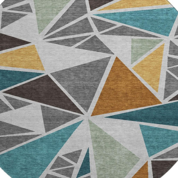 HomeRoots 8' Gray Teal & Copper Geometric Washable Round Rug - Stain Resistant, UV Protected, Easy Care Design 681518