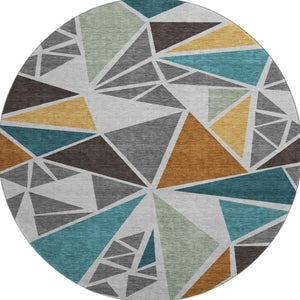 HomeRoots 8' Gray Teal & Copper Geometric Washable Round Rug - Stain Resistant, UV Protected, Easy Care Design 681518