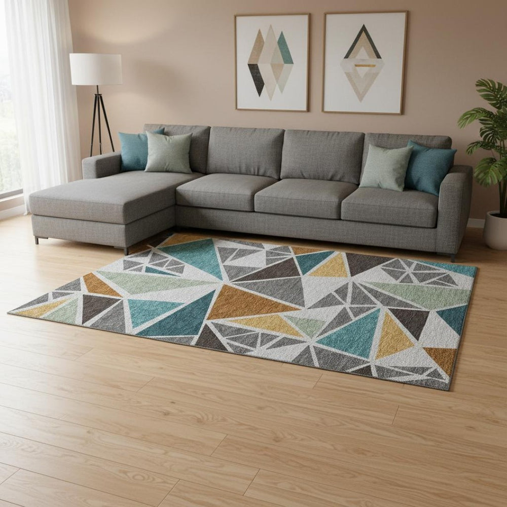 HomeRoots 8' X 10' Washable Gray Teal Copper Geometric Area Rug with UV Protection for Modern Homes 681519