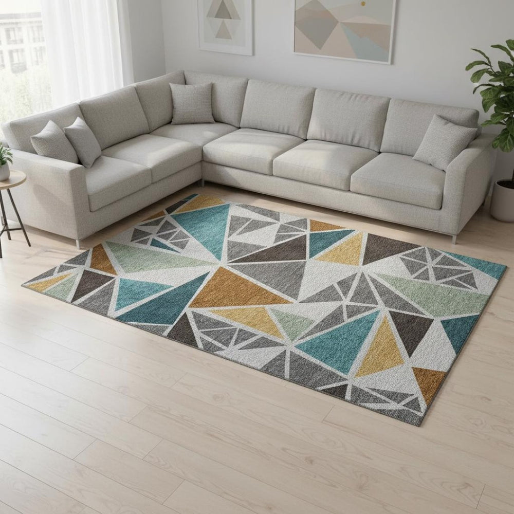 HomeRoots 9' X 12' Contemporary Geometric Washable Area Rug in Gray, Teal & Copper with UV Protection 681520