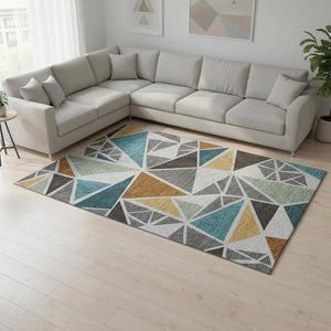 HomeRoots 9' X 12' Contemporary Geometric Washable Area Rug in Gray, Teal & Copper with UV Protection 681520