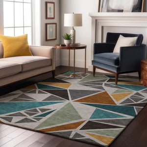 HomeRoots 9' X 12' Contemporary Geometric Washable Area Rug in Gray, Teal & Copper with UV Protection 681520