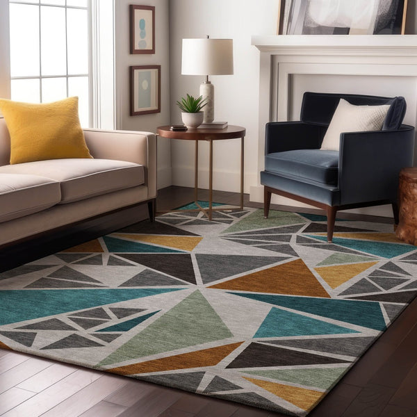 HomeRoots 9' X 12' Contemporary Geometric Washable Area Rug in Gray, Teal & Copper with UV Protection 681520