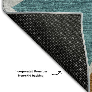 HomeRoots 9' X 12' Contemporary Geometric Washable Area Rug in Gray, Teal & Copper with UV Protection 681520