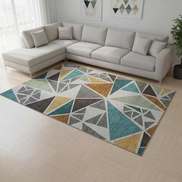 HomeRoots 10' Gray Teal Copper Geometric Washable Area Rug – UV Protected, Stain Resistant, Easy Care Design! 681521