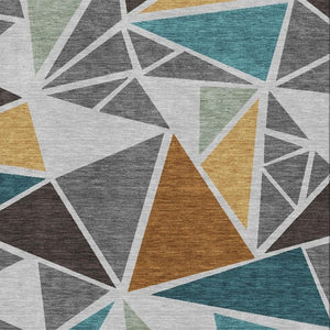 HomeRoots 10' Gray Teal Copper Geometric Washable Area Rug – UV Protected, Stain Resistant, Easy Care Design! 681521