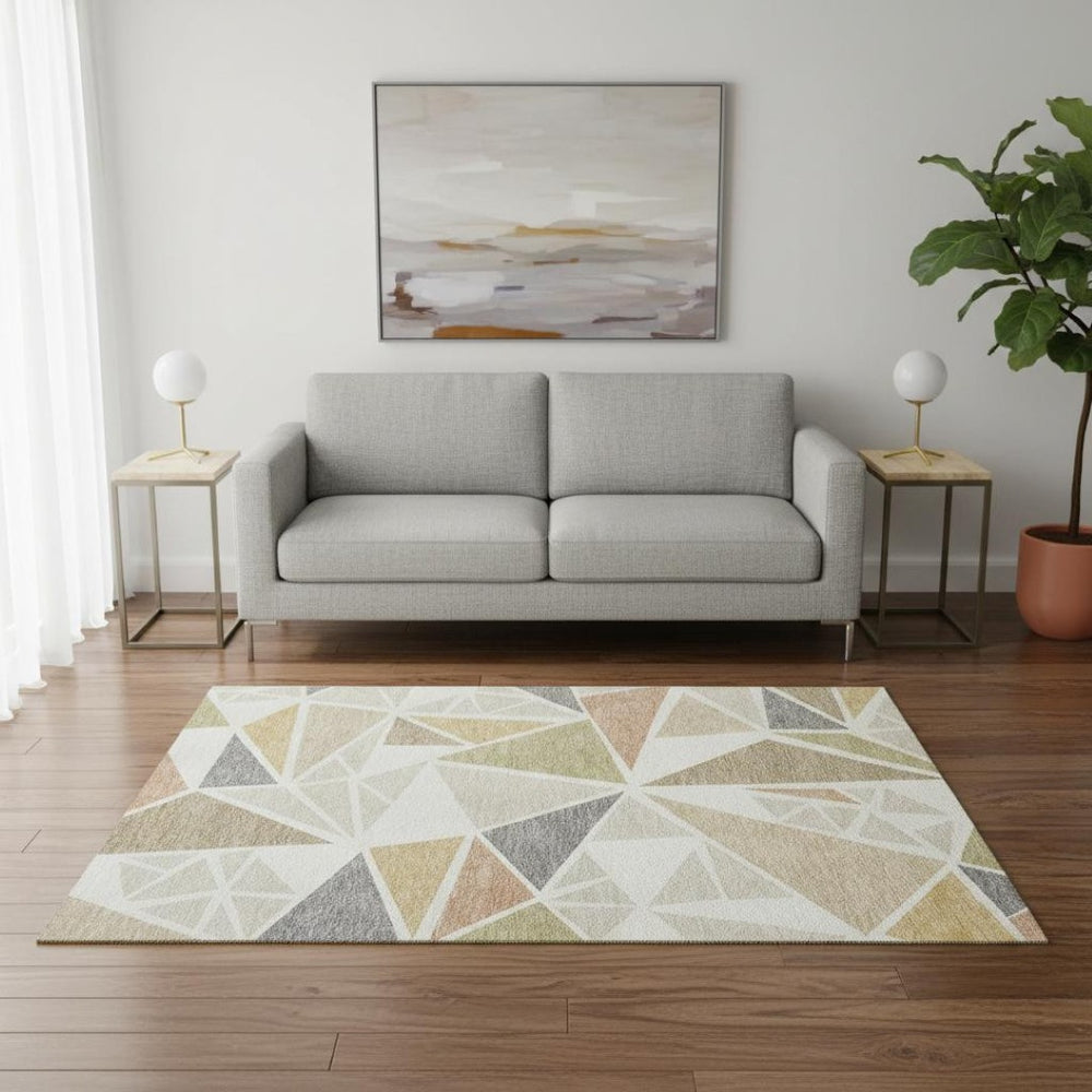 HomeRoots 5' X 8' Washable Ivory Gold Green Geometric Area Rug - Durable, UV Protected, Perfect for Kids & Pets! 681523
