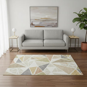 HomeRoots 5' X 8' Washable Ivory Gold Green Geometric Area Rug - Durable, UV Protected, Perfect for Kids & Pets! 681523