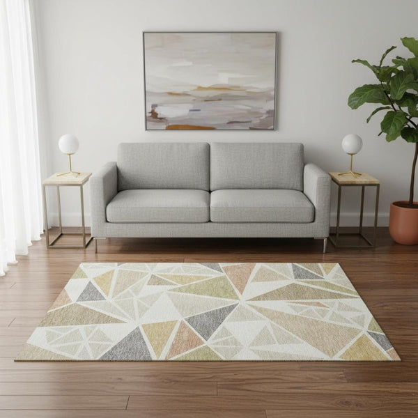 HomeRoots 5' X 8' Washable Ivory Gold Green Geometric Area Rug - Durable, UV Protected, Perfect for Kids & Pets! 681523