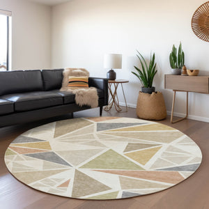 HomeRoots 8' Ivory Gold Green Geometric Washable Round Rug - Durable, Stain-Resistant, UV-Protected Elegance 681524