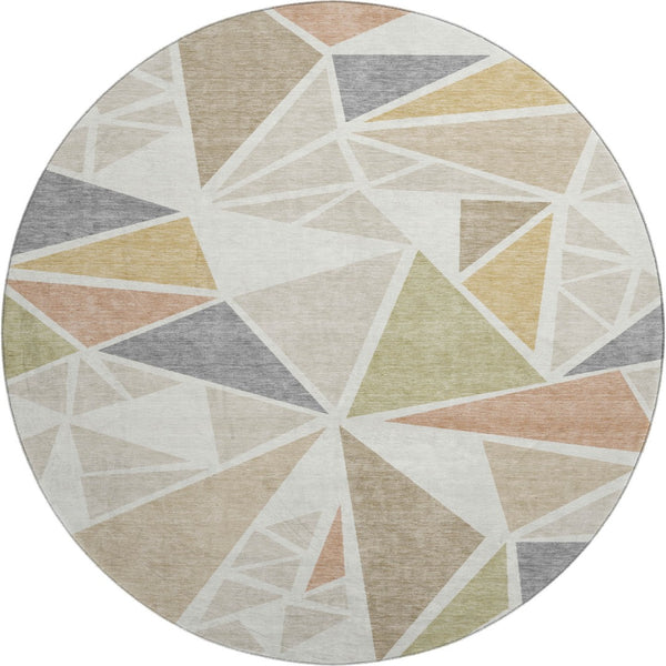HomeRoots 8' Ivory Gold Green Geometric Washable Round Rug - Durable, Stain-Resistant, UV-Protected Elegance 681524
