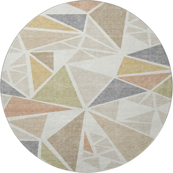 HomeRoots 8' Ivory Gold Green Geometric Washable Round Rug - Durable, Stain-Resistant, UV-Protected Elegance 681524