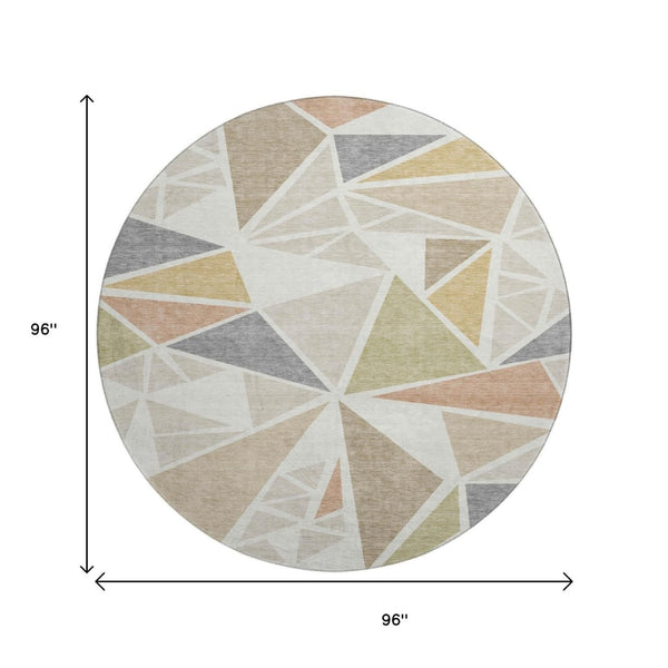 HomeRoots 8' Ivory Gold Green Geometric Washable Round Rug - Durable, Stain-Resistant, UV-Protected Elegance 681524