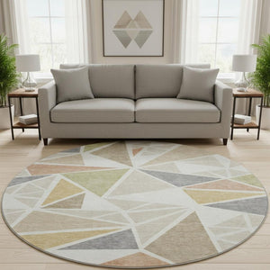 HomeRoots 8' Ivory Gold Green Geometric Washable Round Rug - Durable, Stain-Resistant, UV-Protected Elegance 681524