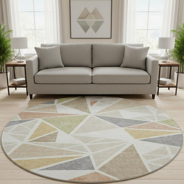 HomeRoots 8' Ivory Gold Green Geometric Washable Round Rug - Durable, Stain-Resistant, UV-Protected Elegance 681524