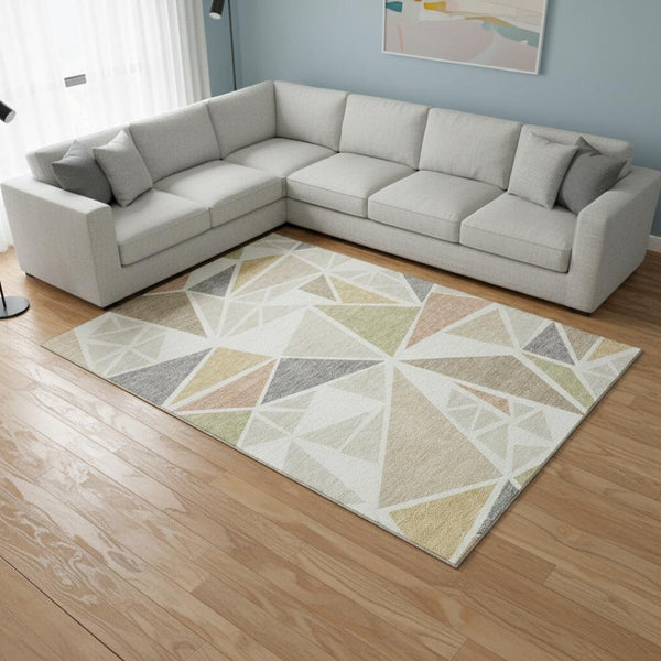 HomeRoots 8' X 10' Ivory Gold Green Geometric Area Rug – Durable, Washable, UV-Protected for Modern Homes 681525