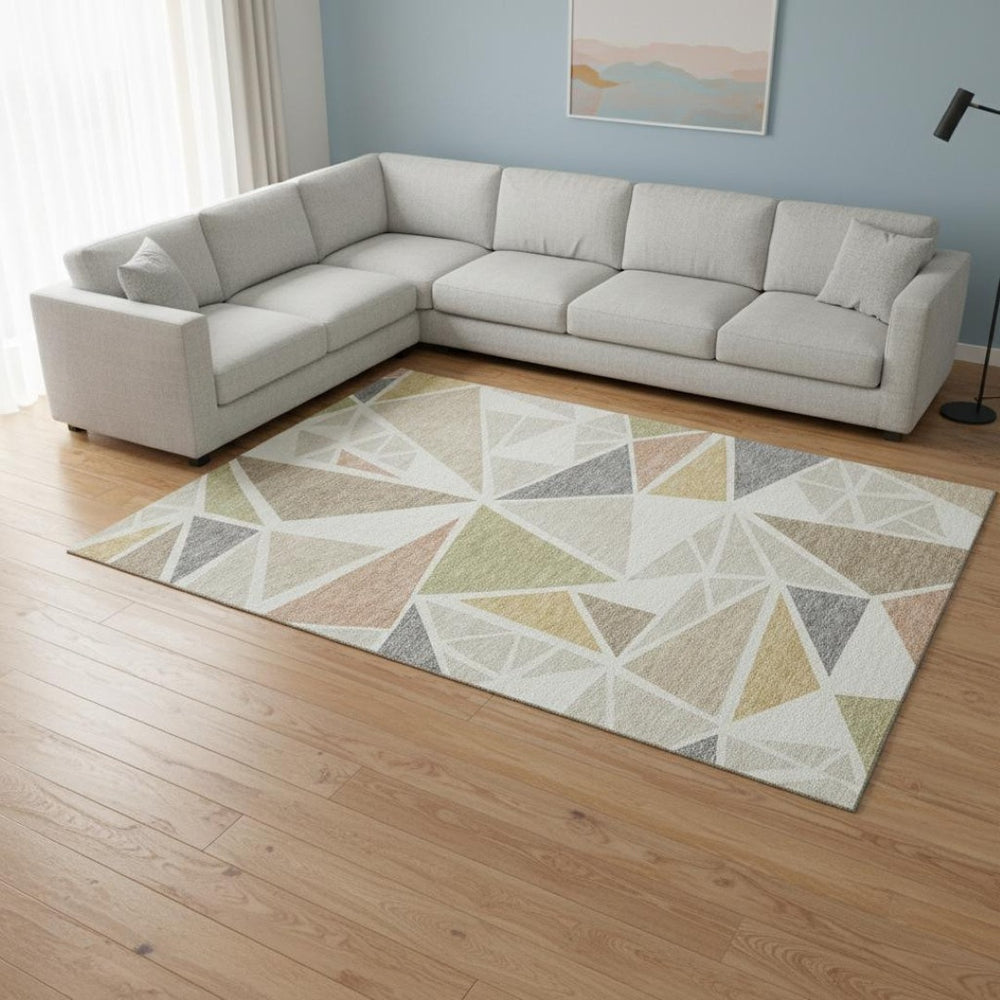 HomeRoots 9' X 12' Ivory Gold & Green Geometric Area Rug - Washable, UV-Protected, Stylish & Durable Design 681526