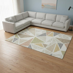 HomeRoots 9' X 12' Ivory Gold & Green Geometric Area Rug - Washable, UV-Protected, Stylish & Durable Design 681526