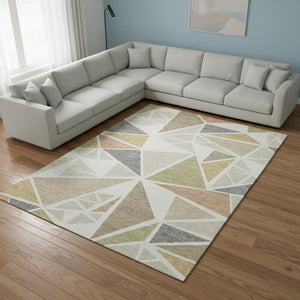 HomeRoots 10' X 14' Ivory Gold & Green Geometric Washable Area Rug with UV Protection for Stylish Spaces 681527