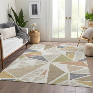 HomeRoots 10' X 14' Ivory Gold & Green Geometric Washable Area Rug with UV Protection for Stylish Spaces 681527