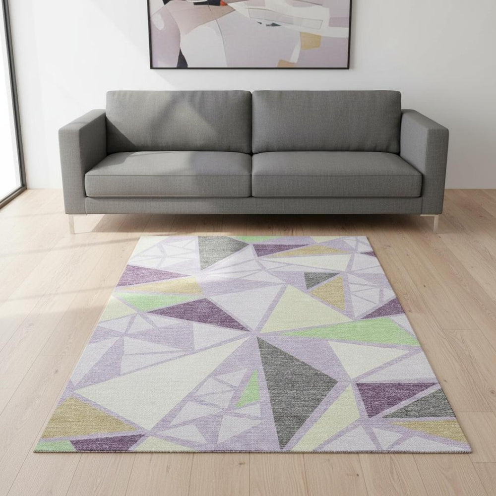 HomeRoots 5' Geometric Area Rug in Lavender, Lime Green & Ivory – Washable, UV-Protected, Durable & Stylish! 681529