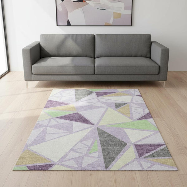 HomeRoots 5' Geometric Area Rug in Lavender, Lime Green & Ivory – Washable, UV-Protected, Durable & Stylish! 681529