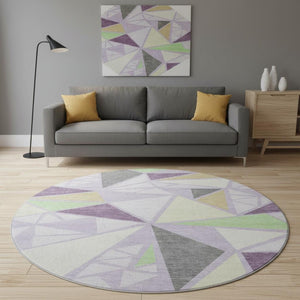 HomeRoots 8' Contemporary Geometric Washable Round Rug in Lavender, Lime Green & Ivory - UV & Stain Resistant! 681530