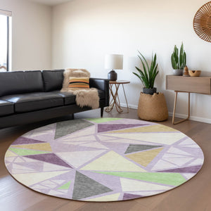 HomeRoots 8' Contemporary Geometric Washable Round Rug in Lavender, Lime Green & Ivory - UV & Stain Resistant! 681530