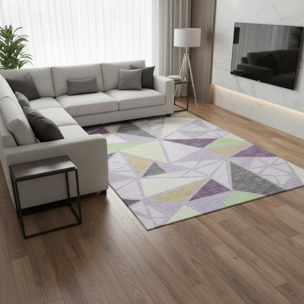 HomeRoots 9' X 12' Modern Geometric Area Rug in Lavender, Lime Green & Ivory – Washable, UV Protection & Durable! 681532