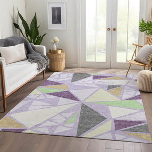 HomeRoots 9' X 12' Modern Geometric Area Rug in Lavender, Lime Green & Ivory – Washable, UV Protection & Durable! 681532