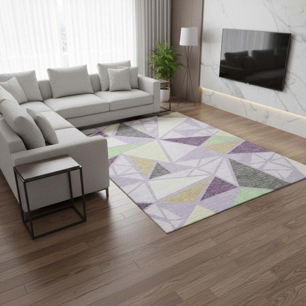 HomeRoots 10' Modern Geometric Area Rug in Lavender, Lime Green & Ivory - Washable, UV Resistant & Stylish! 681533