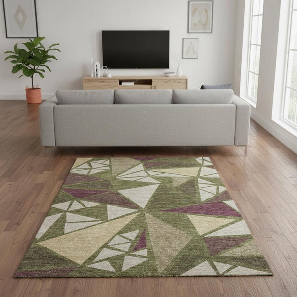 HomeRoots 5' X 8' Modern Geometric Area Rug in Olive Green, Burgundy & Beige - Washable with UV Protection! 681535