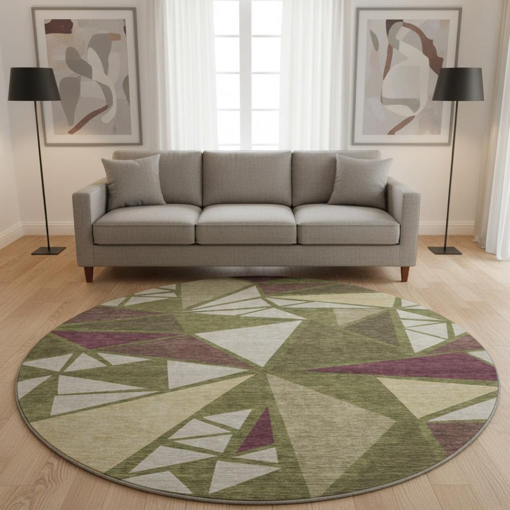 HomeRoots 8' Washable Round Rug in Olive Green, Burgundy & Beige - UV Protected, Durable, Modern Design for Homes 681536