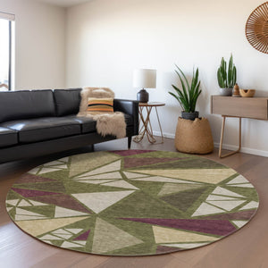 HomeRoots 8' Washable Round Rug in Olive Green, Burgundy & Beige - UV Protected, Durable, Modern Design for Homes 681536