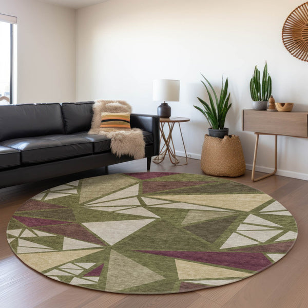 HomeRoots 8' Washable Round Rug in Olive Green, Burgundy & Beige - UV Protected, Durable, Modern Design for Homes 681536