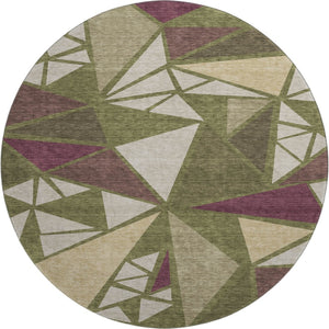 HomeRoots 8' Washable Round Rug in Olive Green, Burgundy & Beige - UV Protected, Durable, Modern Design for Homes 681536