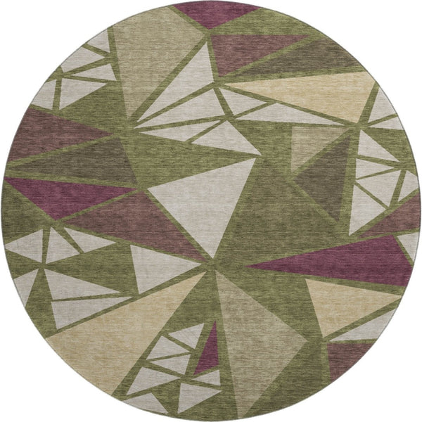 HomeRoots 8' Washable Round Rug in Olive Green, Burgundy & Beige - UV Protected, Durable, Modern Design for Homes 681536