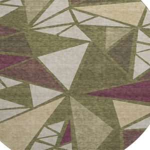 HomeRoots 8' Washable Round Rug in Olive Green, Burgundy & Beige - UV Protected, Durable, Modern Design for Homes 681536