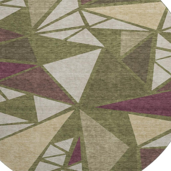 HomeRoots 8' Washable Round Rug in Olive Green, Burgundy & Beige - UV Protected, Durable, Modern Design for Homes 681536