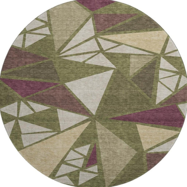 HomeRoots 8' Washable Round Rug in Olive Green, Burgundy & Beige - UV Protected, Durable, Modern Design for Homes 681536