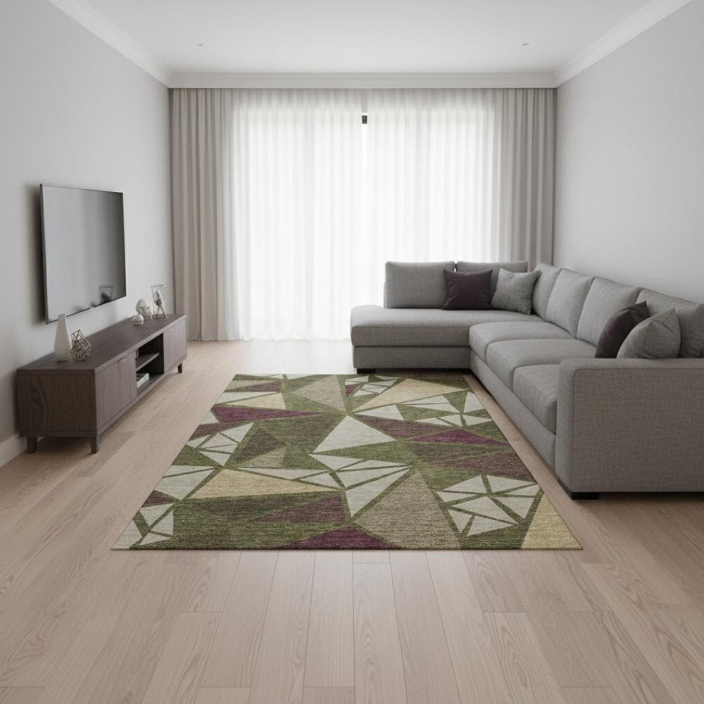 HomeRoots 8' X 10' Modern Geometric Area Rug in Olive Green, Burgundy & Beige - Washable with UV Protection 681537