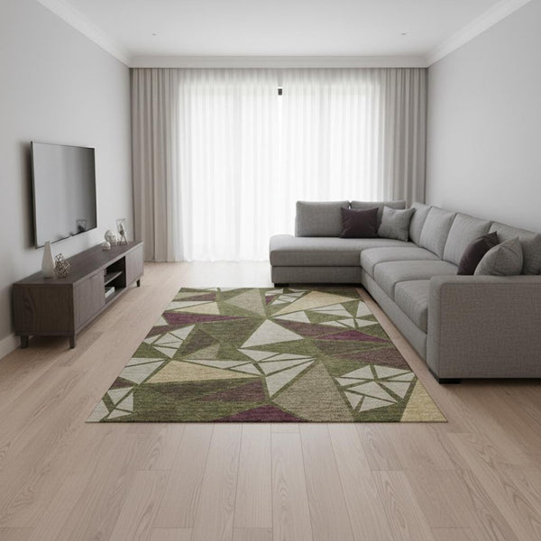 HomeRoots 8' X 10' Modern Geometric Area Rug in Olive Green, Burgundy & Beige - Washable with UV Protection 681537