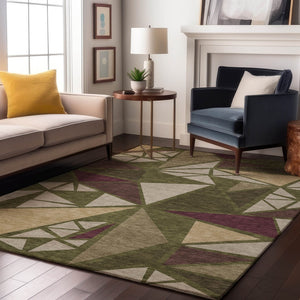 HomeRoots 8' X 10' Modern Geometric Area Rug in Olive Green, Burgundy & Beige - Washable with UV Protection 681537