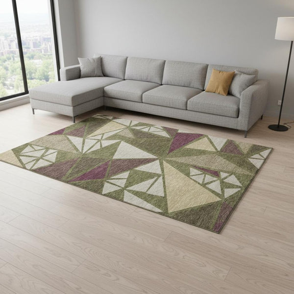 HomeRoots 9' X 12' Geometric Area Rug in Olive Green, Burgundy & Beige - Washable, UV Protected & Stain-Resistant 681538