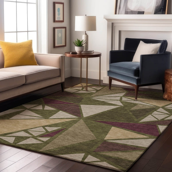HomeRoots 9' X 12' Geometric Area Rug in Olive Green, Burgundy & Beige - Washable, UV Protected & Stain-Resistant 681538