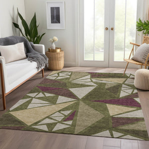HomeRoots 9' X 12' Geometric Area Rug in Olive Green, Burgundy & Beige - Washable, UV Protected & Stain-Resistant 681538