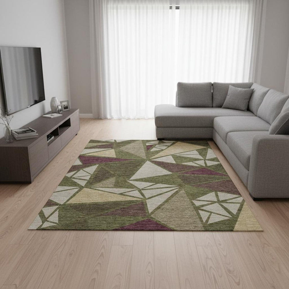 HomeRoots 10' X 14' Olive Green Burgundy Beige Geometric Area Rug – Washable, UV-Protected, and Stylish! 681539