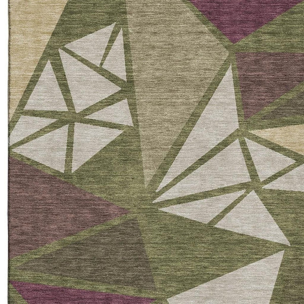 HomeRoots 10' X 14' Olive Green Burgundy Beige Geometric Area Rug – Washable, UV-Protected, and Stylish! 681539