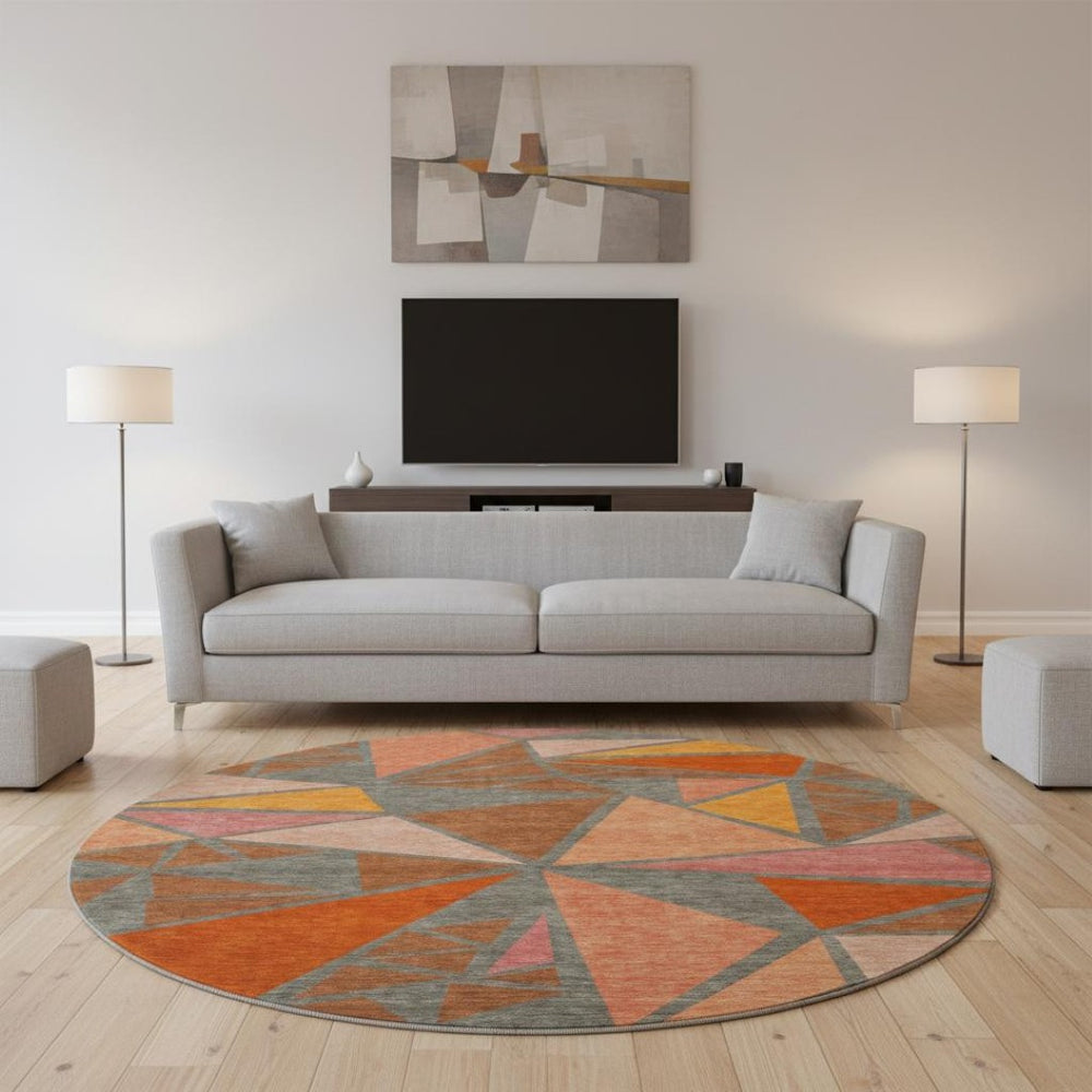 HomeRoots 8' Geometric Washable Round Rug in Rust Orange & Salmon - UV Resistant, Durable & Stylish Home Accent 681542