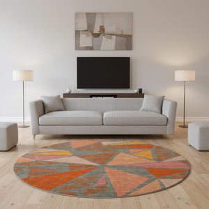 HomeRoots 8' Geometric Washable Round Rug in Rust Orange & Salmon - UV Resistant, Durable & Stylish Home Accent 681542